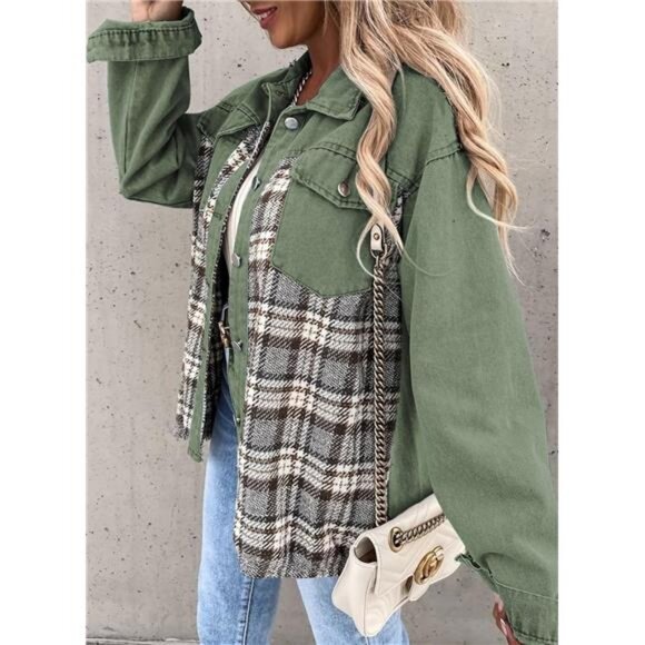 Womens Oversized Denim Jacket Casual Long Sleeve Button Down Plaid - Picture 5 of 7